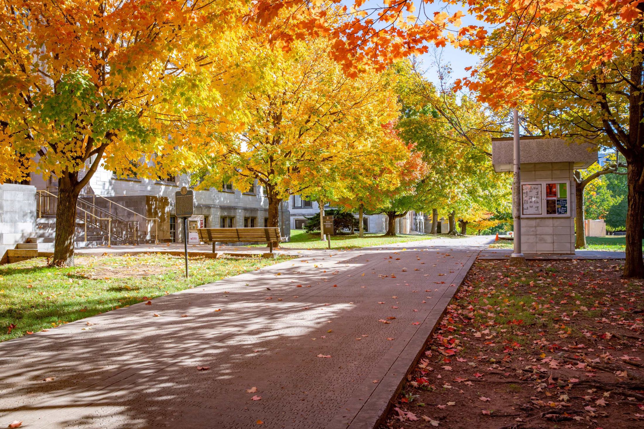 Studetns walking by Mullins with Old main in the background